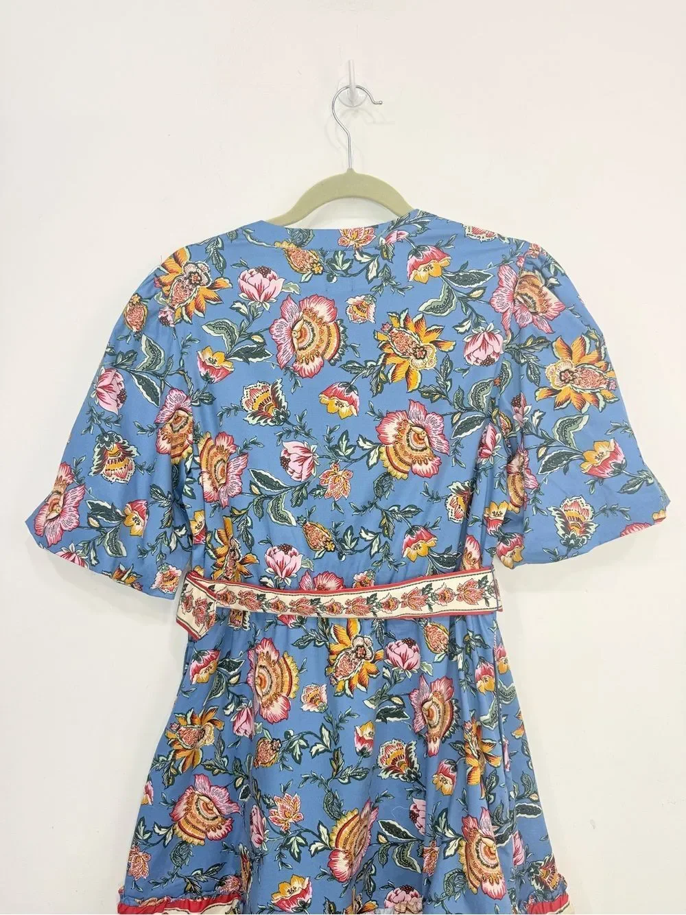 Joie Blue Pink Floral Print Complimentary Hem Puff Sleeve A Line Mini Dress NEW